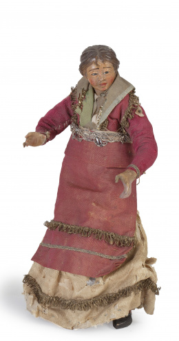 1029.  Figura femenina de belén en madera y estopa.Trabajo napolitano, S. XIX.