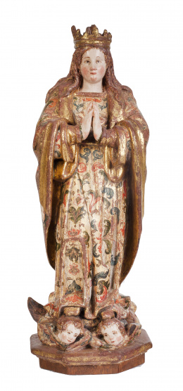 943.  Virgen Orante Coronada.En madera tallada, policromada y dorada.Trabajo español, S. XVII.