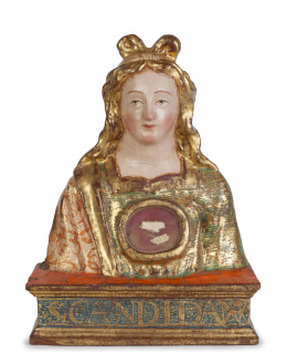 951.  Relicario de Santa Cándida.Busto-relicario en madera tallada, policromada y dorada.Trabajo español, S. XVII.