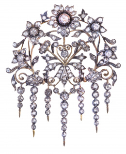32.  Broche tremblant isabelino S. XIX de brillantes de talla antigua y diamantes, en composición de flores y formas vegetales