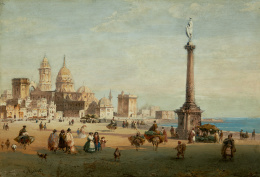 772.  CARLO BOSSOLI (Lugano, 1815 - Turín, 1884)Vista de Cádiz con escena de mercado..