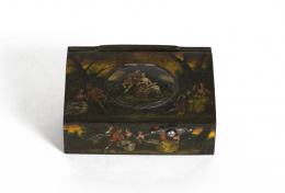 1151.  Caja con autómata con “pajarito cantor”, de madera lacada a la manera de “Vernis Martin”.Trabajo suizo, S. XIX.