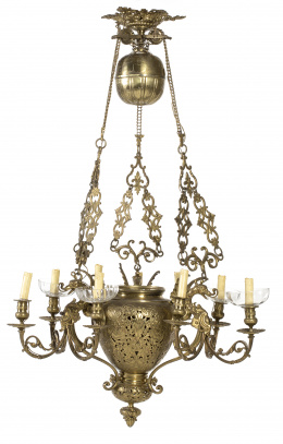 708.  Lámpara de techo de nueve luces con quemador central de aceite “Hinks Phoenix Patent” de mecha única en bronce dorado.Segunda mitad S. XIX.