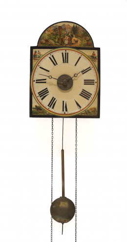 821.  Reloj de pared tipo ratera de la Selva Negra con frontal policromado.Alemania, S. XIX