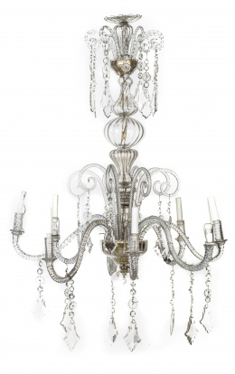 676.  Lámpara de techo de ocho brazos de luz con pandelocas y guirnaldas de cristal soplado.La Granja, S. XIX.