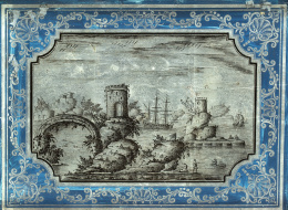 510.  ESCUELA ITALIANA, SIGLO XVIIIVistas de paisajes fluviales enmarcados con una cenefa con decoración de conchas y flores de acanto.