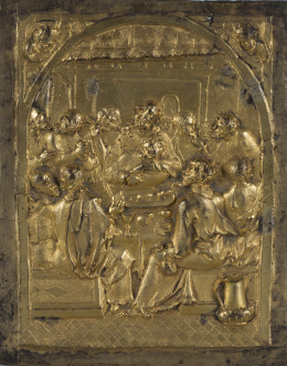 332.  “La última cena”Placa de bronce dorado.Trabajo flamenco, ffs. del S. XVI - pp. del S. XVII.