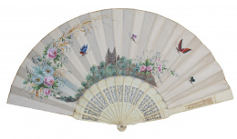601.  Abanico con país en seda pintada y varillaje calado.Trabajo europeo, h. 1900