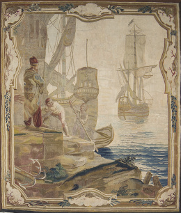 580.  Tapiz en lana con escena de puerto, cenefa decorado con hojas de coralProbablemente Beauvais, Francia, ffs. del S. XVIII - pp. del S. XIX.