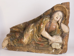 578.  María Magdalena en madera tallada, policromada y estofada, parte de un relieve perteneciente a un retablo renacentista de la escuela castellana, entorno de Juan de Juni, S. XVI 
