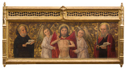 753.  MAESTRO DE LOS LUNA (Pintor activo en Castilla entre 1480 y 1500)Cristo Varón de Dolores flanqueado por dos ángeles y por los santos Pedro y Pablo
