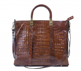 338.  Bolso shopper vintage de piel de cocodrilo color cognac con asa corta, y asa larga desmontable