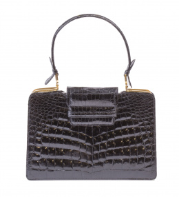344.  Bolso de mano vintage en piel de cocodrilo negra de asa corta