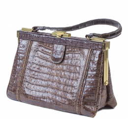 347.  Bolso de mano vintage en piel de cocodrilo marrón con asa corta