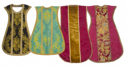 917.  Lote de cuatro casullas; en damasco rojo, verde, negro y morado con aplicaciones bordadas y galones.Trabajo español, S. XVII-XVIII