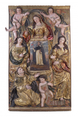 530.  Pedro Roldán y obrador, madera  tallada, policromada y dorada"El milagro de Santo Domingo en Soriano"Pieza para retablo, segunda de mitad S. XVII