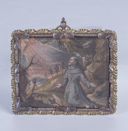 1003.  Medalla devocional con dos virirles por una de ellas San Francisco con marco de hierro.Trabajo español, S. XVII