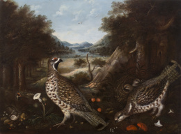 805.  JOHANN SEITZ (Austria, 1734- 1816)Pareja de grévol común con sus crías sobre un paisaje1802