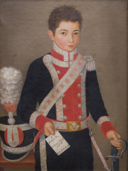 830.  ESCUELA ESPAÑOLA, H. 1815Retrato de niño con uniforme de la Compañia de Flanqueadores Reales de Guardias del Cuerpo