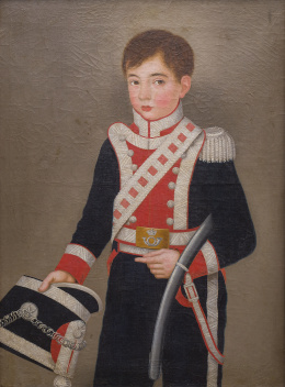 831.  ESCUELA ESPAÑOLA, H. 1815Retrato de niño con uniforme de la Compañia de Flanqueadores Reales de Guardias del Cuerpo