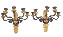 963.  Pareja de apliques de seis luces en bronce pavonado y dorado. Trabajo francés, S. XIX.