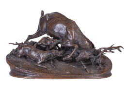 1148.  Pierre-Jules Mène (1810-1879)Ciervo atacado por cuatro perros.Escultura en bronce, firmada "P. J. Mene".