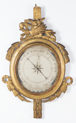 949.  Barómetro de madera tallada y dorada, trabajo francés, ffs. del S. XVIII-pp. del S. XIX