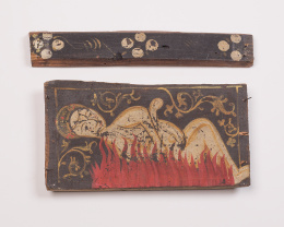 1011.  Arrocabe mudéjar en madera pintada representando a San Lorenzo, ffs. del S. XV.