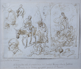835.  LEONARDO ALENZA Y NIETO (1807-1845)Estudio de la Huída a Egipto, Inmaculada, figuras y cabeza (anverso) Visión de fruteras (reverso)