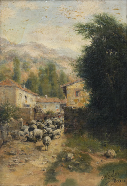 872.  MANUEL SALCES GUTIÉRREZ (Suano, Cantabria, 1861 - Madrid, 1932)Paisaje con pueblo y ovejas