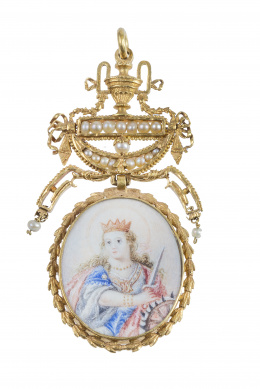 27.  Colgante Imperio pp. S. XIX con miniaturas de Santa Catalina de Alejandría en anverso y San Onofre en el reverso