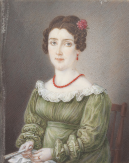 720.  ESCUELA ESPAÑOLA, SIGLO XIXRetrato de dama con vestido verde, collar de coral y peinado con flor
