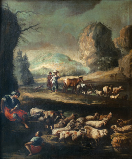 845.  ATRIBUÍDO PHILIPP PETER ROOS, llamado ROSA DA TÍVOLI (1657-1706)Pastor y rebaño sobre un paisaje