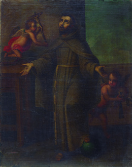 840.  ESCUELA MEXICANA, SIGLO XVIIISan Francisco con dos ángeles portadores de sus atributos