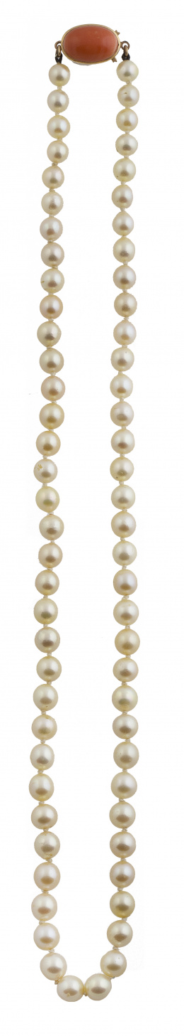 194.  Collar de un hilo de perlas cultivadas con cierre de cabuchón oval de coral