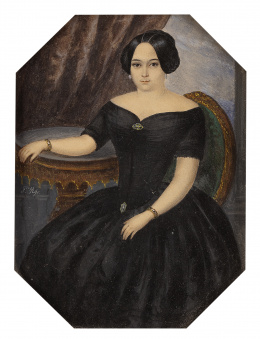 798.  FRANCISCO ROJO MELLADO (Málaga,1817-1890)Retrato de dama en un interior con cortinaje rojo y ventana al fondo