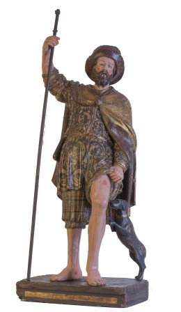 553.  San Roque en madera tallada, dorada y policromada.Trabajo español, S. XVII-XVIII