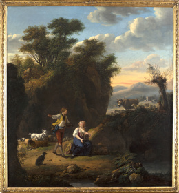 1205.  SEGUIDOR DE JOHAN HEINRICH ROOS (1631-1685)Escena pastoril en un paisaje.