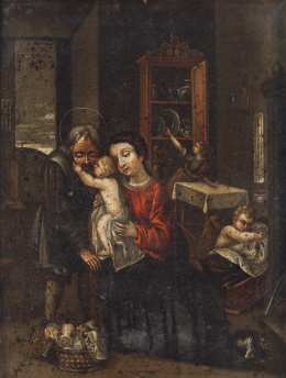 858.  ESCUELA FLAMENCA, SIGLO XVIISagrada Familia en el taller de NazaretÓleo sobre cobre. 