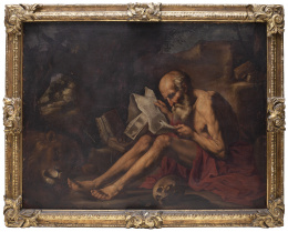 868.  SEGUIDOR DE JOSÉ RIBERA (Escuela española, siglo XVII)San Jerónimo leyendo sobre un paisaje