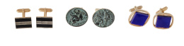 366.  Tres pares de gemelos vintage con esmalte, lapislázuli y escenas en bronce patinado