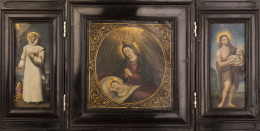 793.  ESCUELA FLAMENCA , S. XVIIPequeño tríptico-oratorio de viaje con la Virgen con el Niño, San Bruno y San Juan Bautista