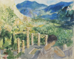 413.  PERE PRUNA OCERANS (Barcelona, 1904 - 1977)Mujer observando las ruinas del templo de Apolo en Delfos, 1969