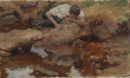870.  JOSÉ GARNELO Y ALDA (Enguera, Valencia, 1866-Montilla, Córdoba, 1944)Hombre en el río