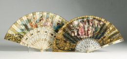 1137.  Abanico con varillaje en nácar.País con escena veneciana. País trasero con escena de baño.Trabajo español, S.XIX.