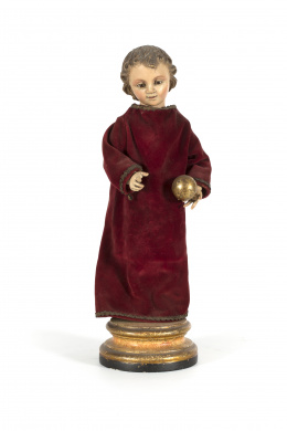 1330.  Niño Jesús vestidero de madera.Trabajo español, pps.  S. XIX.