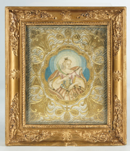1172.  “Santa Catalina de Siena”.Bordado con hilos plateados y dorados, reserva central bordada “a pintura”.Trabajo francés, S. XIX..