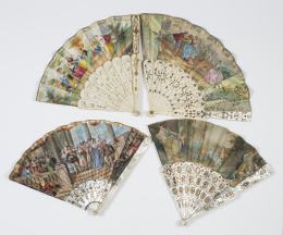 517.  Dos abanicos de papel litografiado, iluminada y pintado, ambos con varillaje en hueso con incrustaciones metálicas.Trabajo español, h. 1850.