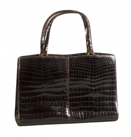 356.  Bolso de piel de cocodrilo marrón oscuro con doble asa corta años 60