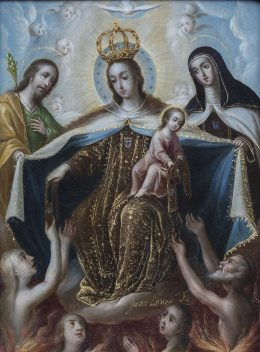 839.  JUAN CORREA (México, 1646-1716)Virgen del Carmen con San José y Santa Teresa como protectora de las almas del purgartorio